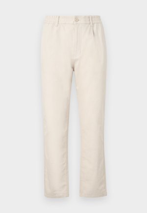 Pantalons en mélange de coton beige avec une taille élastique, fermeture à bouton, coupe droite et texture subtile sans motifs visibles.