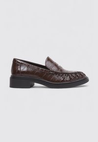 Brown leather loafers with a textured croc pattern, a rounded toe, and a low block heel. Features gathered detailing at the front.