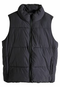 Chaleco acolchado en gris oscuro, con un alto cuello, cierre frontal con cremallera y dos bolsillos laterales. Tela texturizada con diseño de paneles cosidos.
