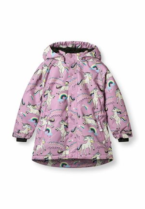Manteau d'hiver rose à capuche pour enfant avec motifs licorne et arc-en-ciel, doublure intérieure noire, boutons à l'avant et poches latérales.
