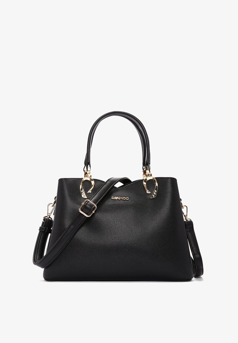 Czarna skórzana torebka z złotymi akcentami i dwoma górnymi uchwytami. Posiada odczepiany pasek na ramię oraz teksturowaną powierzchnię.