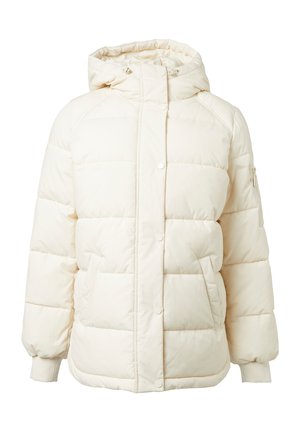 Kurtka puchowa w kolorze off-white, z kapturem, zatrzaskami, bocznymi kieszeniami i elastycznymi mankietami, o pikowanej konstrukcji zapewniającej izolację.