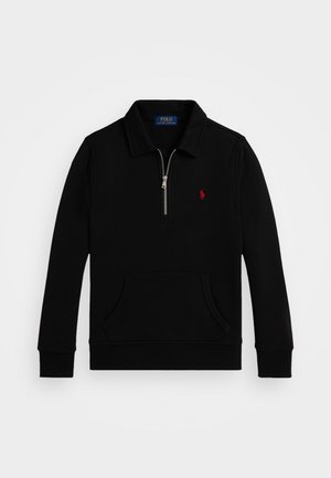 Black zip-neck pullover made of soft fabric with a front pocket, ribbed cuffs, and a small red logo on the chest.