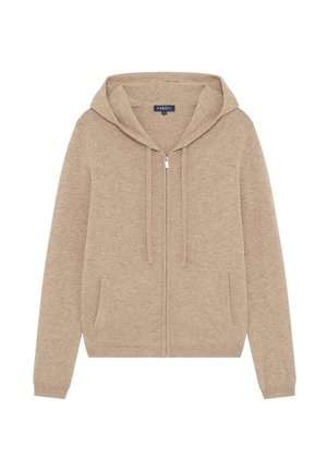 Beige Kapuzenjacke mit Reißverschluss, langen Ärmeln, Fronttaschen und Kordeln. Weicher Stoff mit glatter Textur und lässigem Design.