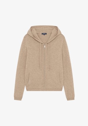 Beige hooded zip-up sweatshirt with long sleeves, front pockets, and drawstrings. Soft fabric with a smooth texture and casual design.