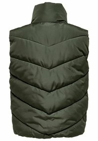 Olivgrüne Steppweste mit hohem Kragen, versehen mit einem Karo-Quilt-Design und glattem Polyester-Material. Keine sichtbaren Beschläge.