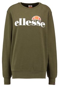 Olive green sweatshirt made of cotton blend, featuring a crew neck, ribbed cuffs and hem, and a large white "ellesse" logo across the front.
