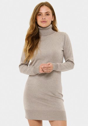 Hellbrauner Rollkragen-Strickkleid mit langen Ärmeln, gerippten Bündchen und Säumen. Weiche Textur und figurbetonter Schnitt, bis zur mittleren Oberschenkelhöhe.