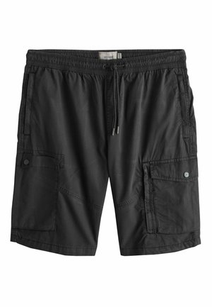 Schwarze Cargo-Shorts für Herren mit elastischem Bund, Kordelzug und mit Knöpfen verschließbaren Klappentaschen auf beiden Seiten.