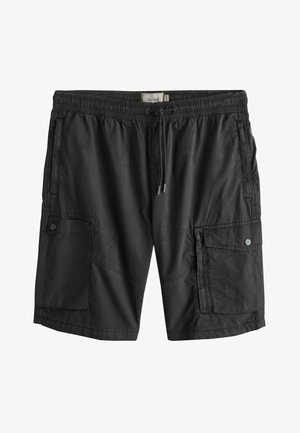 Schwarze Cargo-Shorts für Herren mit elastischem Bund, Kordelzug und mit Knöpfen verschließbaren Klappentaschen auf beiden Seiten.