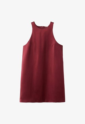 Abito senza maniche color bordeaux con un collo alto, tasche laterali e una texture liscia. Il tessuto appare leggero e ben definito.