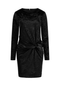 Robe en velours noir avec des manches longues, un col rond et un détail noué à la taille. Texture lisse et éclat subtil sur l'ensemble.