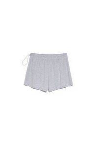 Pantalones cortos de algodón gris claro con cintura elástica y cordón ajustable, con un corte sencillo y relajado, sin patrones.