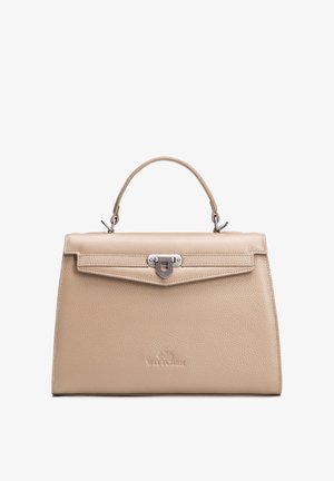 Borsa beige in pelle testurizzata con manico corto, chiusura a scatto argentata e logo del marchio in rilievo sulla parte anteriore.