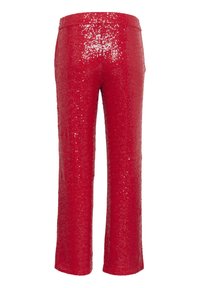 Pantalon droit rouge à sequins, vu de dos sur fond blanc.