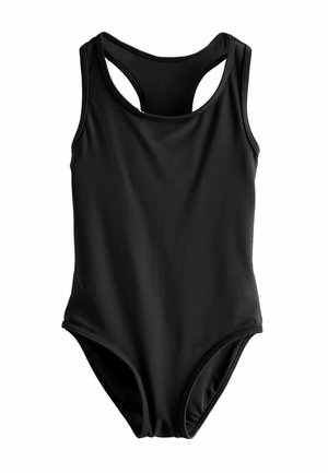 Schwarzer Einteiler-Badeanzug mit Racerback-Design und einfachen Nahtdetails auf weißem Hintergrund.