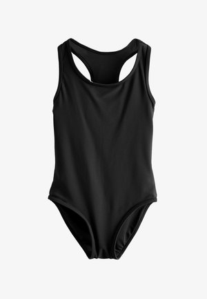 Maillot de bain une pièce noir avec un dos nageur et des détails de coutures simples sur fond blanc.
