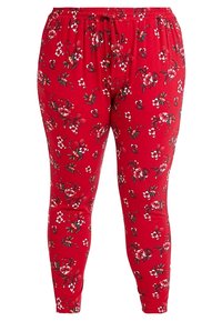 Červené elastické kalhoty se širokým elastickým pasem a stahovací šňůrkou, zdobené malým květinovým vzorem v bílé, růžové a zelené barvě.