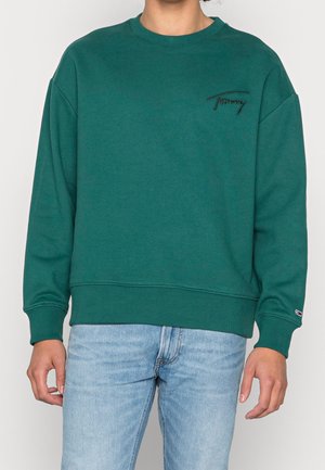 Osoba ubrana w zieloną bluzę z dekoltem typu crewneck z wyhaftowanym napisem "Tommy" oraz jasnoniebieskie dżinsy, stojąca na jednolitym tle.