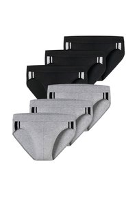 Set di slip da uomo composto da tre paia neri e tre grigi. Materiale in cotone, cintura elastica, strisce laterali, taglio tradizionale.