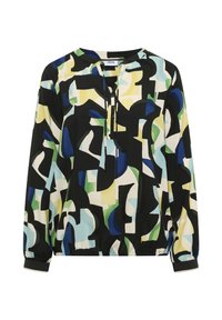 Blouse à manches longues avec poignets élastiques et motif abstrait multicolore en noir, bleu, vert et jaune, dotée d'un décolleté fendu avec liens.