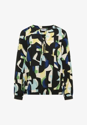 Bluzka z długim rękawem z elastycznymi mankietami i wielokolorowym, abstrakcyjnym wzorem w kolorach czarnym, niebieskim, zielonym i żółtym, z rozciętym dekoltem z wiązaniami.
