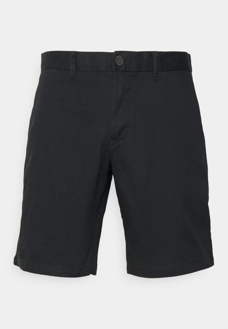 Shorts noirs pour hommes arrivant au genou avec fermeture à boutons et passants de ceinture, présentés à plat sur fond blanc.