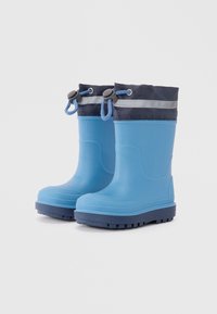 Bottes de pluie en caoutchouc bleu avec des poignets en textile bleu foncé, cordon ajustable et bande réfléchissante grise, dotées d'une semelle texturée pour une meilleure adhérence.