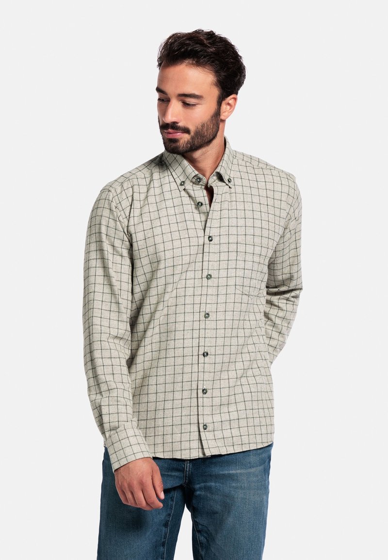 Lichtbeige button-up shirt met groen ruitpatroon. Lange mouwen, kraag en knoopsluiting aan de voorkant. Katoenen materiaal, regular fit.