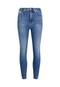 Jeans de mezclilla azul ajustados con cintura de tiro medio, diseño de cinco bolsillos y un delicado detalle de desgastado, que cuentan con cierre de botón de metal y cremallera.