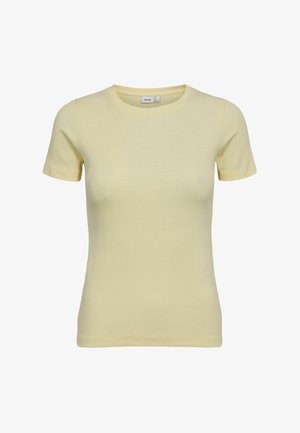 Heled kollane lühikeste varrukatega T-särk ribakanga materjalist, ümmarguse kaelusega, millel on liibuv siluett ja minimaalne disain.