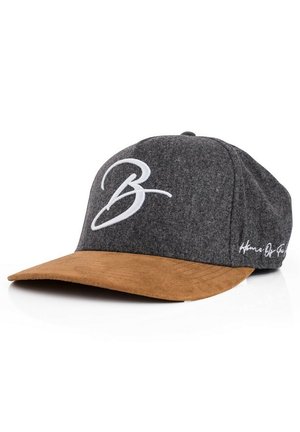 Gray wool cap with a brown suede brim. Features a white embroidered logo and text on the side. Adjustable back closure.