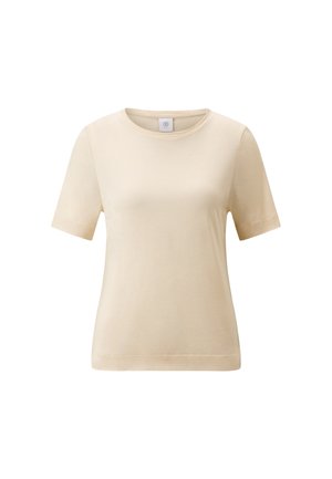 Kurzes T-Shirt in hellbeige, aus weichem Stoff gefertigt. Klassischer Rundhalsausschnitt und gerader Schnitt ohne sichtbare Muster oder Akzente.
