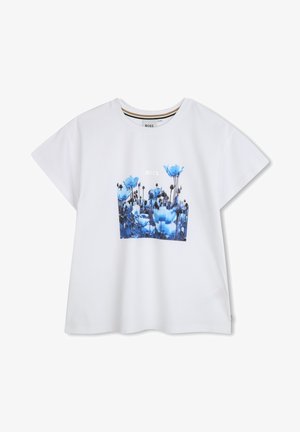 Tricou alb din bumbac cu un imprimeu floral albastru pe partea din față. Are un guler rotund și mâneci scurte, late.