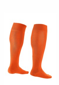 Calze alte fino al ginocchio di un vivace arancione con texture a coste, punta rinforzata e bordo confortevole. Materiale elasticizzato per una vestibilità sicura.