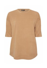 Braunes, geripptes T-Shirt mit kurzen Ärmeln und Rundhalsausschnitt. Der Stoff wirkt weich mit einer subtilen Textur und lockerer Passform.