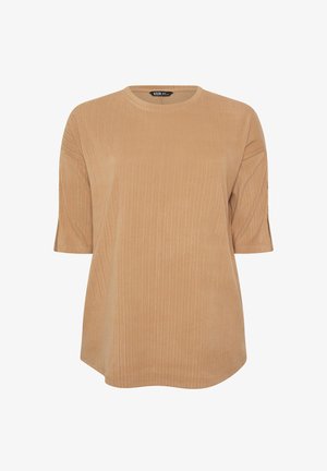 Braunes, geripptes T-Shirt mit kurzen Ärmeln und Rundhalsausschnitt. Der Stoff wirkt weich mit einer subtilen Textur und lockerer Passform.