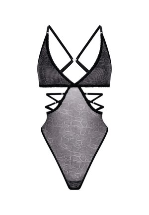 Zwarte kanten bodysuit met dunne verstelbare bandjes, uitsnijdingen aan de zijkanten en een kruispatroon op de achterkant.
