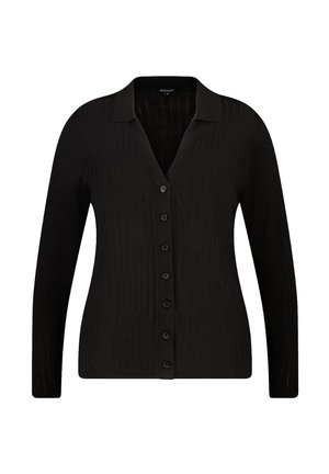 Cardigan noir à côtes avec des manches longues, fermeture à boutons à l'avant et une texture douce. Il présente un col et un design ajusté.