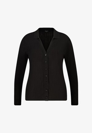 Cardigan noir à côtes avec des manches longues, fermeture à boutons à l'avant et une texture douce. Il présente un col et un design ajusté.