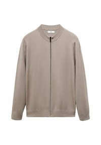 Beige zip-up jacket with a round neck, long sleeves, and ribbed cuffs. Made from soft fabric, featuring a smooth, unadorned surface.