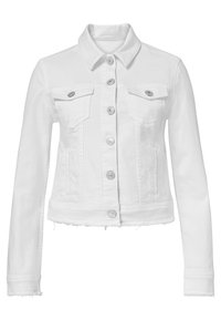 Bílá džínová bunda s předním zapínáním na knoflíky, dvěma náprsními kapsami na knoflíky, dlouhými rukávy, klasickým límcem a roztrhaným lemováním.