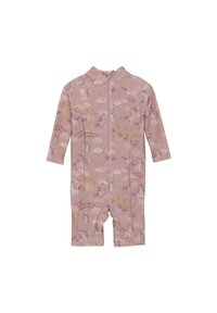 Kortärmad rosa bodysuit med ett mönster av enhörningar och regnbågar, tillverkad av stretchigt tyg med dragkedja fram.