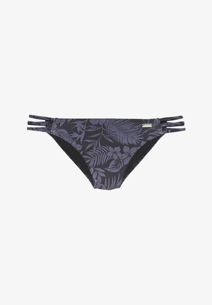 Zwarte bikini onderkant met een donker paarse tropische bladerenpatroon. Bevat drie zijstraps aan elke kant en heeft een gladde textuur.