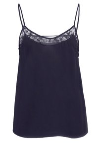 Marineblaue Camisole mit verstellbaren Spaghettiträgern, ausgestattet mit einer Spitzenverzierung entlang des Halsausschnitts und einem fließenden, leichten Stoff.