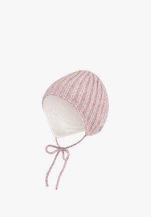 Pink knitted baby hat with white fleece lining and tie strings, designed to secure under the chin.