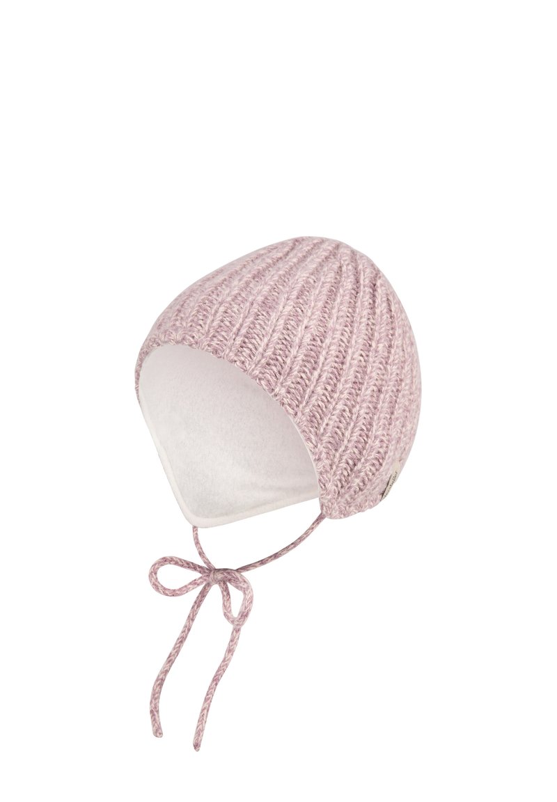 Pink knitted baby hat with white fleece lining and tie strings, designed to secure under the chin.