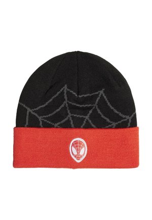 Beanie nera con risvolto rosso, caratterizzata da un motivo a ragnatela e un emblema di ragno bianco sulla parte frontale. Realizzata in materiale lavorato a maglia.