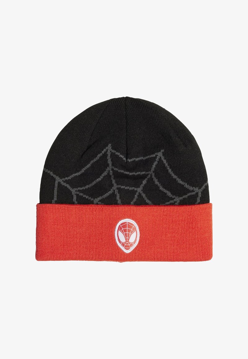 Beanie nera con risvolto rosso, caratterizzata da un motivo a ragnatela e un emblema di ragno bianco sulla parte frontale. Realizzata in materiale lavorato a maglia.