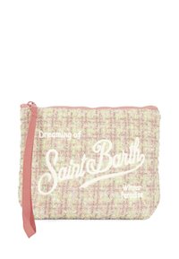 Pouch texturizzato rosa e beige, in tessuto intrecciato con testo stampato in bianco "Sognando Saint Barth" e "Paradiso Invernale," dotato di chiusura a zip.